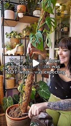 a woman is smiling as she trims a potted plant