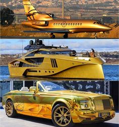 an airplane and a car are shown in three different pictures, one is gold and the other is black