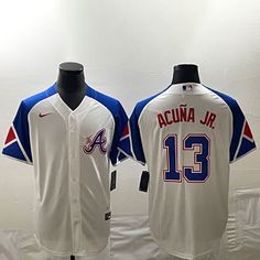 Hey Atlanta Braves fans! Get this game jersey for your OF Ronald Acuna Jr. White Baseball Season Fan Jersey, White Jersey With Baseball Collar For Sports Season, Sporty White Jersey With Baseball Collar, White Tops With Team Logo For Fan Events, White Throwback Baseball Jersey For Sports Event, White Fan Apparel Baseball Jersey, White Sports Team Tops For Fan Events, White Tops With Team Name For Fan Events, White Sports Fan Jersey With Team Logo