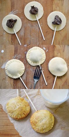 some food is being made on sticks and placed in the shape of pie crusts