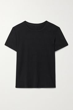 The Row's 'Fedras' T-shirt is exactly the type of versatile staple we rely on the brand for. Made from black stretch-jersey, it has a slightly loose fit and classic crew neckline. Style yours with everything from distressed jeans to wide-leg tailoring. Fitted Black Jersey T-shirt, Fitted Black Jersey Top, Distressed Top, Floral Dresses Short, Fantasy Gowns, Latest T Shirt, Loose Jeans, Black Stretch, Black Media