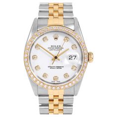 Swiss Wrist - SKU 16013-WHT-DIA-AM-BDS-JBL Brand : Rolex Model : Datejust Ref# 16013 - Plastic Quickset Model Gender : Mens Metals : 14K Yellow Gold/ Stainless Steel Case Size : 36 mm Dial : Custom White Diamond Dial (This dial is not original Rolex And has been added aftermarket yet is a beautiful Custom addition) Bezel : Custom 10K Yellow Gold 1ct. Diamond Bezel (This bezel is not original Rolex And has been added aftermarket yet is a beautiful Custom addition) Bracelet : Original Rolex 14K Ye Bracelet Original, Rolex Diamond, Rolex Models, Bezel Diamond, Stainless Steel Case, White Diamond, Rolex, Wrist Watch, Jewelry Watches