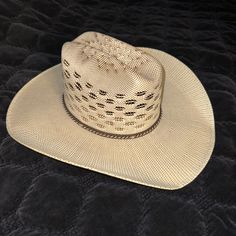 Size: 7 1/8 Color: Cream/Brown Worn Once Like Brand New Cream Straw Hat With Curved Brim For Country Events, Fitted Cream Panama Hat In Western Style, Fitted Cream Western Panama Hat, Cream Western Straw Hat With Short Brim, Western Cream Straw Hat With Short Brim, Western Style Cream Straw Hat With Short Brim, Western Cream Straw Hat For Country Events, Cream Country Style Straw Hat For Ranch, Country Style Cream Straw Hat For Ranch