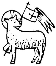 a black and white drawing of a sheep holding a cross