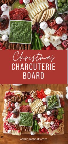 christmas charcuterie board with cheeses, crackers and other food items on it