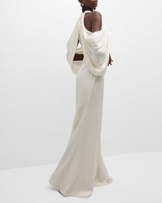 Luxury Pre-draped Sleeveless Gown, Luxury Fitted Draped Halter Dress, Luxury Draped Off-shoulder Evening Dress, Luxury Pre-draped Halter Neck Evening Dress, Luxury Pre-draped Off-shoulder Maxi Dress, Draped Wedding Dress, Badgley Mischka Dress, Drape Gowns, Halter Gown