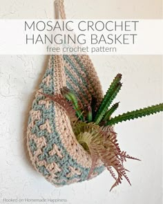 a crocheted bag hanging on the wall with a plant in it and text that reads mosaic crochet hanging basket free crochet pattern