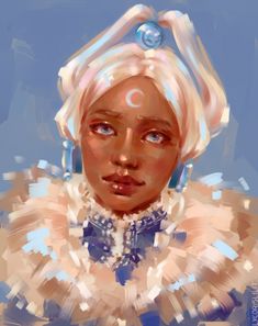 a digital painting of a woman wearing a white headdress with blue eyes and hair