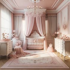 elegant pink nursery room with a sophisticated princess theme Royal Baby Nurseries, Pink Canopy, Royal Nursery, Nursery Room Ideas, Luxury Baby Room, Luxury Nursery