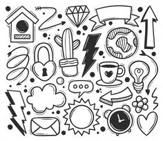 black and white doodle style illustration of various items in the shape of a circle