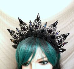 Gothic Headpiece Crown This spectacular, Black crown, is made with filigree leaves, Black lace, with sparkly purple glass and rhinestones and crystals. Elegant and regal, this headdress is ideal for making a statement. It can be a great addition to any fantasy costume - Vampire, Dark Queen, Evil Queen Gothic Dark queen, witch, sorceress or vampire Queen. Can be used as a pagan headpiece or tribal headpiece carnival. A beautiful and sparkly headdress that is Very lightweight comfortable to wear a Pagan Headpiece, Gothic Crown With Round Crown For Festival, Gothic High Crown Headpiece For Costume, Witch Headdress, Gothic Crown Costume Accessories, Gothic High Crown Costume Headpiece, Dark Fairy Crown, Gothic Crown Headpiece For Halloween, Black Tiara Gothic