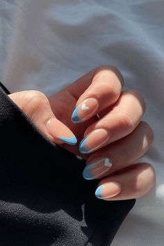 Blue French Tip, Light Blue Nails, Simple Gel Nails, Classy Acrylic Nails, Blue French, Almond Acrylic Nails, Cute Gel Nails, Tip Nails, Short Acrylic Nails Designs