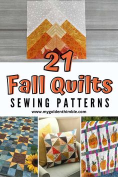 the cover of 21 fall quilts sewing patterns, including pumpkins and sunflowers