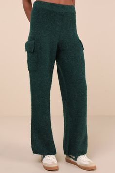 Set the tone for a cozy afternoon with the Lulus Signature Sunday Dark Green Knit Sweater Pants! Fuzzy sweater knit (with threaded hues of dark blue and yellow) shapes these lounge-ready pants that have a stretchy, elasticized banded waist and wide legs with trendy, cargo-inspired pockets at the sides. Pair with the matching top for a complete look! Fit: This garment fits true to size. Length: Floor length. Size medium Inseam: 30.00 Front Rise: 13.25 Waist: Fitted - elastic waist allows stretch. Wide Leg Sweater Pants, Cozy Afternoon, Green Knit Sweater, Fuzzy Sweater, Pants Wide Leg, Sweater Pants, Wide Legs, Matching Top, Sweater Knit