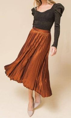 Bronze Metallic Pleated Midi Skirt Black Pleated Midi Skirt, Metallic Midi Skirt, Chunky Oversized Sweater, Metallic Sweater, Stylish Skirts, Pleated Maxi Skirt, Scooped Neckline, Puff Long Sleeves, Ribbed Knit Top