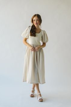 The Dunton Puff Sleeve Midi Dress in Ivory Chocolate Brown Dress, Piper And Scoot, Puff Sleeve Midi Dress, Ivory Dress, Wedding Prep, Ivory Dresses, Sleeve Midi Dress, Nylon Fabric, Brown Dress