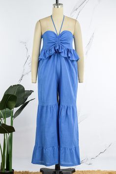 Blue Casual Solid Patchwork Backless Flounce Halter Loose Jumpsuits Blue Full-length Jumpsuits And Rompers For Summer, Blue One-piece Jumpsuit For The Beach, Blue Casual One-piece Jumpsuits And Rompers, Blue Full-length Summer Jumpsuits And Rompers, Blue Denim Full-length Jumpsuits And Rompers, Loose Jumpsuit, Jumpsuit Romper, Jumpsuit, Rompers