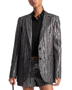 Find MICHAEL KORS Metallic Print Blazer on Editorialist. Tailored from metallic moire, this boyfriend blazer makes a statement. With an oversized fit, notch lapels, and two flap pockets, it completely reimagines a menswear classic. Wear it with the matching shorts for a shimmering take on suiting. Classic Wear, Boyfriend Blazer, Metallic Prints, Knit Blazer, Printed Blazer, Metal Sunglasses, White Blazer, Leather Blazer, Blazer Buttons