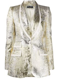 Sleek, chic and your wardrobe's peak - this textured metallic silk wool blazer jacket from Dolce & Gabbana won't go unnoticed. Shine through the crowd and never look back. What are you waiting for? Featuring a shawl lapel, a front button fastening, front flap pockets, long sleeves and button cuffs. | Dolce & Gabbana Metallic Textured Blazer Sleek Chic, Jacquard Jacket, Never Look Back, Performance Wear, Cute Jackets, Silk Wool, Casual Fall Outfits, Wool Blazer, Kimonos