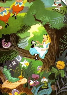 an image of alice in the forest with her cat and other animals on it's back