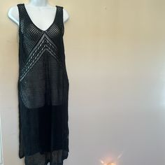 Crochet Beach Cover Up Black Open Knit Beach Cover-up, Black Cover-up For Spring Party, Black Party Cover-up For Spring, Chic Black Summer Cover-up, Sleeveless Black Cover-up For Party, Black Sleeveless Cover-up For Party, Fitted Black Casual Cover-up, Casual Sleeveless Party Cover-up, Beachy Black Cover-up For Festivals