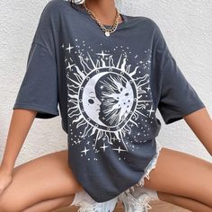 Brand New! 100% Polyester Summer Pullover, Loose Fashion, Moon Shirt, Drop Shoulder Tee, Oversized Graphic Tee, Loose Tees, Top Shirt Women, Moon Print, Fashion T Shirt