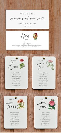 wedding seating cards with flowers and greenery are displayed on a wooden table, as well as the names of their guests