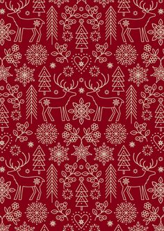 a red and white christmas pattern with reindeers, snowflakes, and trees