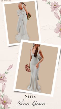 two photos of a woman in a white dress with flowers around her and the caption says, sifix