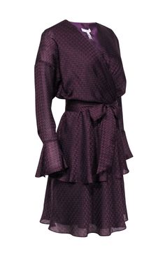 Current Boutique-Joie - Plum Purple & Black Houndstooth Print Ruffled Dress Sz S Chic Mauve Dress For Date Night, Chic Purple Long Sleeve Midi Dress, Elegant Purple Midi Dress With Ruffles, Purple Midi Dress For Fall Date Night, Purple Midi Dress For Date Night In Fall, Purple Evening Dress For Fall, Purple Formal Dress For Fall, Purple Dresses For Workwear In Fall, Chic Mauve Dresses For Night Out