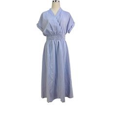 Karin Grace Pastel Blue Surplice Midi Dress Smocked Waist Size Xl New With Tags, Unused, No Flaws Or Odors. Partially Lined With Side Pockets. Eelastic Smocked Waist. Blue V-neck Maxi Dress With Smocked Back, Spring V-neck Smocked Dress For Daywear, V-neck Smocked Midi Dress For Vacation, Blue Maxi Length Smock Dresses, V-neck Smocked Maxi Dress For Vacation, V-neck Smock Midi Dress For Vacation, Light Blue Smocked Back Sundress, Spring V-neck Blue Smocked Dress, Spring Blue V-neck Smocked Dress