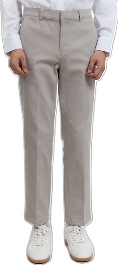 Fitted Full-length Cotton Dress Pants, Casual Stretch Dress Pants With Flat Front, Fitted Cotton Bottoms With Flat Front, Fitted Gray Cotton Pants, Fitted Straight Leg Gray Chinos, Fitted Gray Chinos With Tapered Leg, Casual Stretch Flat Front Bottoms, Gray Fitted Tapered Leg Chinos, Classic Stretch Gray Bottoms