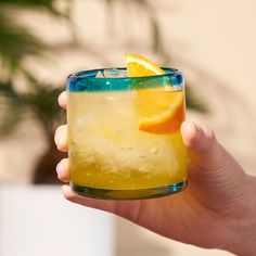 a person holding up a glass with an orange slice in it and some ice on the rim