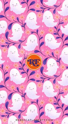 a pink background with purple and white ghost on it, surrounded by small orange flowers