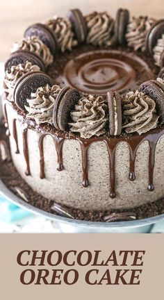 a chocolate oreo cake on a plate with the words chocolate oreo cake above it