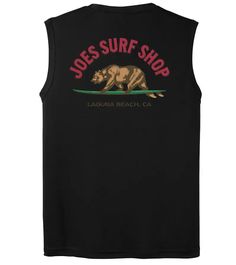 Get your Joe's Surf Shop Surfing Bear Sleeveless Graphic Workout Tee today. Made of the finest polyester, you will not be able to find a more comfortable workout tee anywhere else. This sleeveless graphic workout tee is perfect for those who are trying to balance looking good in the gym and sweat proof comfort. 3.8-ounce, 100% polyester Moisture wicking Lightweight and breathable Free shipping on orders $65+ Athleisure Crew Neck Tops For Surfing, Sporty Sleeveless Muscle Tee With Graphic Print, Sporty Sleeveless Muscle Tee With Letter Print, Black Sleeveless Activewear With Graphic Print, Sporty Sleeveless Graphic Muscle Tee, Sporty Graphic Print Sleeveless Muscle Tee, Athleisure Moisture-wicking Tops For Surfing, Sleeveless Graphic Print T-shirt For Sports, Black Sleeveless Graphic Print Activewear