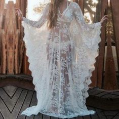 White Loose And Flowy , Sheer And Sexy Gothic Beauty Floral Lace Kaftan Floor Length Maxi Dress/ Lingerie / Beach Coverup Free Size Fits Most But Due To Length It May Be Too Long For Petite Heights Without Heels Length 60" Bust 84" Polyester , Soft With Some Stretch This Could Be Made Part Of A Custom Costume With It's Flowy Sleeves - Maybe A Pretty Ghost , Or Under Butterfly Or Moth Wings To Make The Wings Seem Longer And More Full Black Is Also Shown For Details. More Colors Are Listed Separat Bohemian Sheer V-neck Cover-up, Bohemian Sheer V-neck Maxi Dress, Beach V-neck Lace Dress, Long Summer Dresses With Lace Patchwork, Summer Sheer Lace Maxi Dress, Summer Lace Maxi Dress For Beach Season, Lace Maxi Dress For The Beach, Lace Maxi Dress For Beach, Lace Maxi Dress For Beach Cover-up