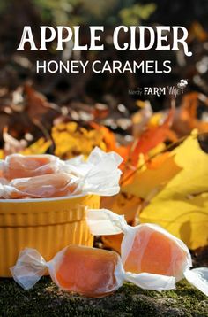 apples cider honey caramels in a yellow bowl on the ground with leaves