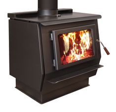 a black stove with flames in it on a white background