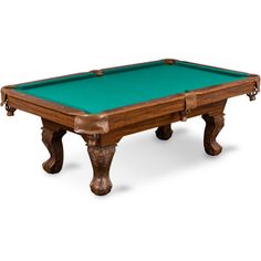 an old pool table with green cloth on it's top and legs, in front of a white background