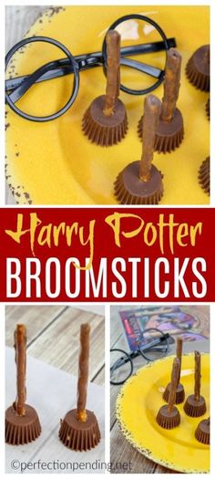 harry potter broomsticks on a yellow plate with the words, harry potter broomsticks