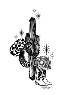 a drawing of a cactus and boots with flowers