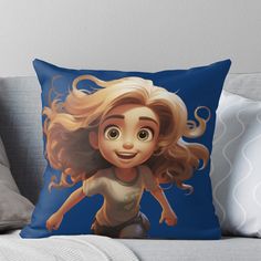 a cartoon girl with blonde hair and big eyes on a blue background throw pillow cover