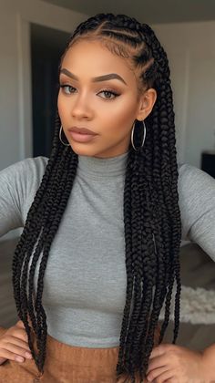 Elegant braids hairstyles black with curls for Knotless Braids Hairstyles Black Co... 6 Box Braids Hairstyles, Highlighted Braids, Elegant Braids Hairstyles, Braids To The Back For Black Women, Curls Braids Hairstyles, Cornrows With Curls, Black Cornrows, Thick Braids, Elegant Braids