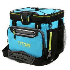 a blue and black cooler bag with the word titan on it