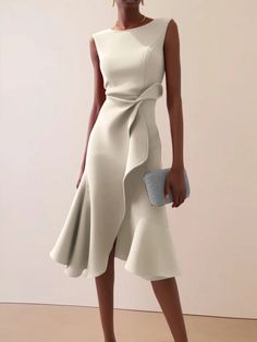 Red Sleeveless Midi Elegant A-line Dress with Waist Twist for Day-to-Night | fehaute White Dress For Work, Dress For Office Work Wear, Clothing Design Ideas, Cool Outfits For Women, Midi Elegant Dress, Work Dresses For Women, Work Clothing, Mob Dresses, Crewneck Dress