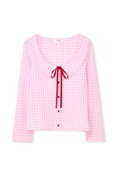 Checked Tie Front Top Pink Long Sleeve Blouse For Loungewear, Chic Long Sleeve Loungewear Blouse, Pink Long Sleeve Top For Daywear, Chic Pink Long Sleeve Top For Spring, Trendy Pink Long Sleeve Top For Spring, Pink Long Sleeve Blouse For Fall, Long Sleeve Pink Blouse For Fall, Pink Tie Neck Top For Work, Fall Tie Neck Tops For Daywear