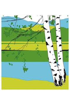 a painting of two birch trees in front of a lake with green grass and blue sky