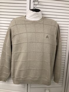 "Izod beige cotton pullover sweater square pattern Like new vintage unisex sz Large All season classic timeless preppy sweater Logo on front shoulder 19\" chest 24\" pit to pit (48\" total) sleeve 23 2/4\" + 2\" cuff ( 31\" from neck length 27\" from neck to bottom of 2\" bottom cuff hem 4-\" unstretched" Classic Cream Polo Sweater, Classic Cream Cotton Sweatshirt, Beige Long Sleeve Retro Sweater, Casual Cream Crew Neck Polo Sweater, Casual Cream Polo Sweater For Winter, Casual Beige Crew Neck Sweater, Cream Cotton Long Sleeve Polo Sweater, Beige Crew Neck Polo Sweater, Classic Cream Sweatshirt For Winter