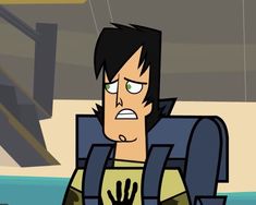 an animated man with black hair and green eyes looking at something in the distance while wearing a backpack